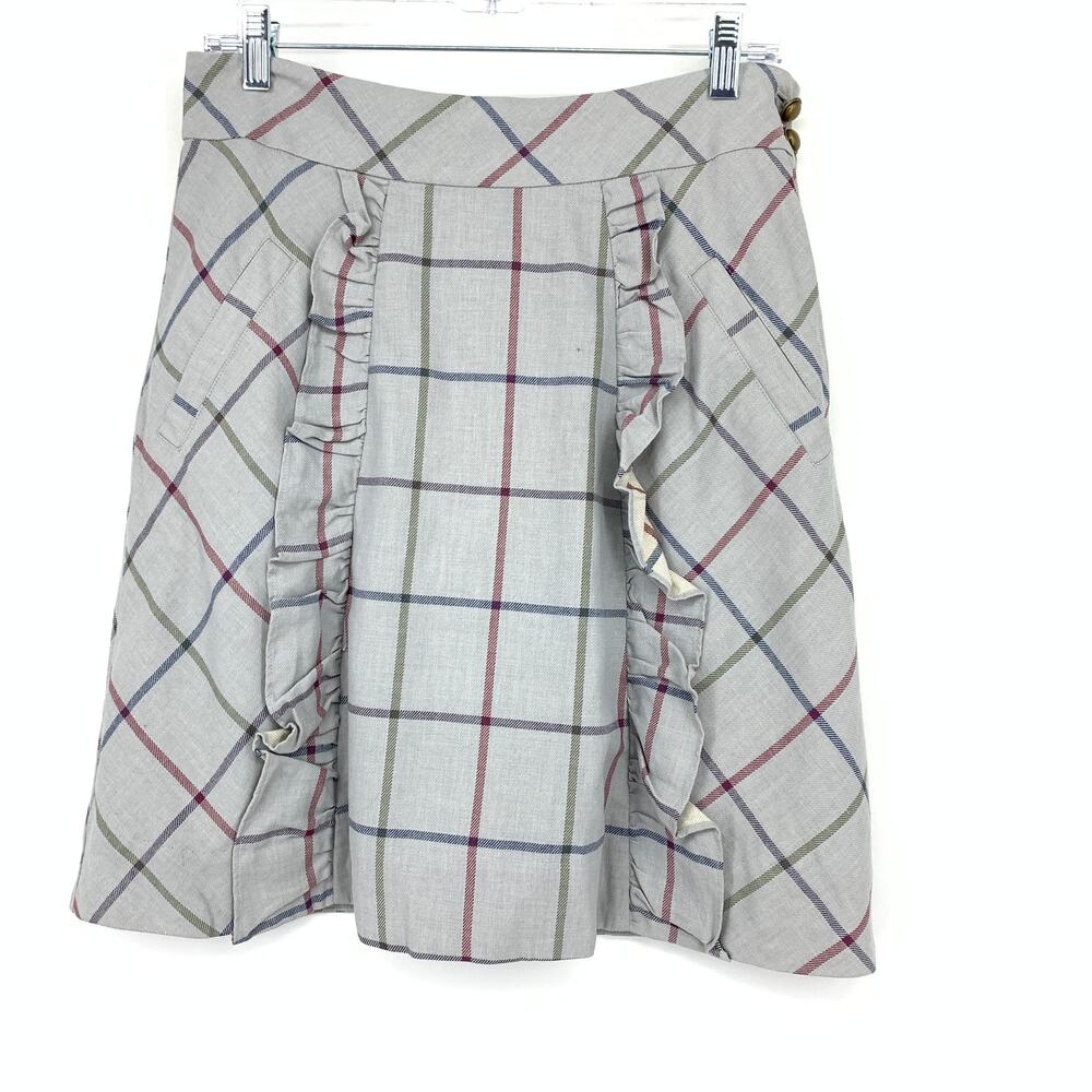 Anthropologie Edme & Esyllte Ruffle Front A-Line Skirt Womens Sz 8 Gray Plaid